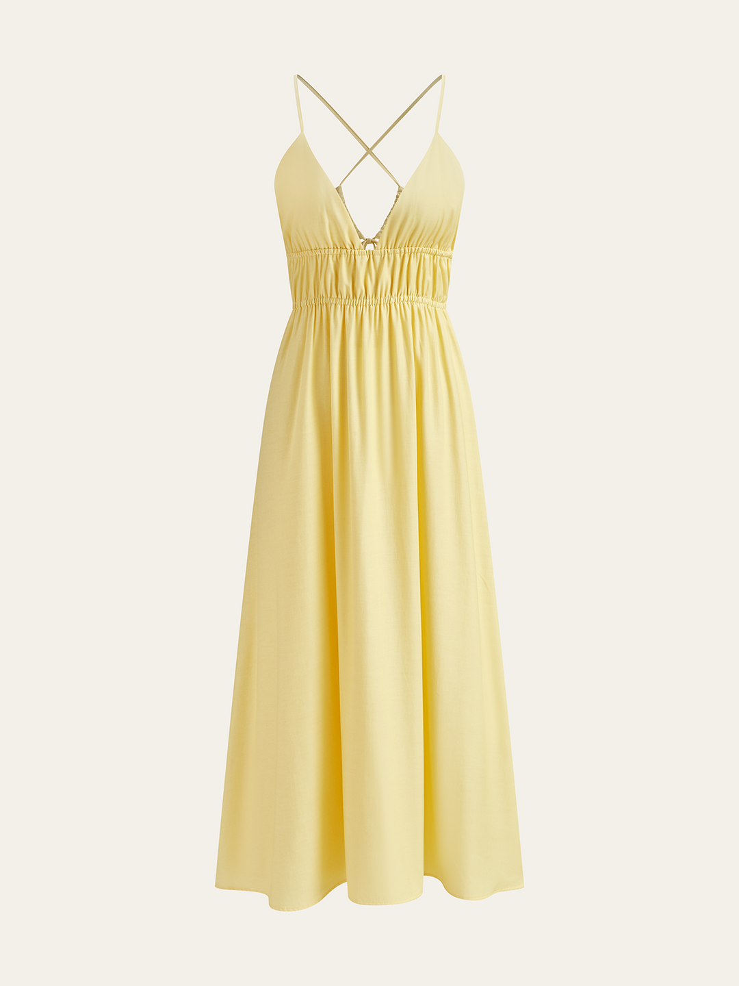 Robe Longue à Bretelles Spaghetti avec Taille Froncée et Dos Croisé