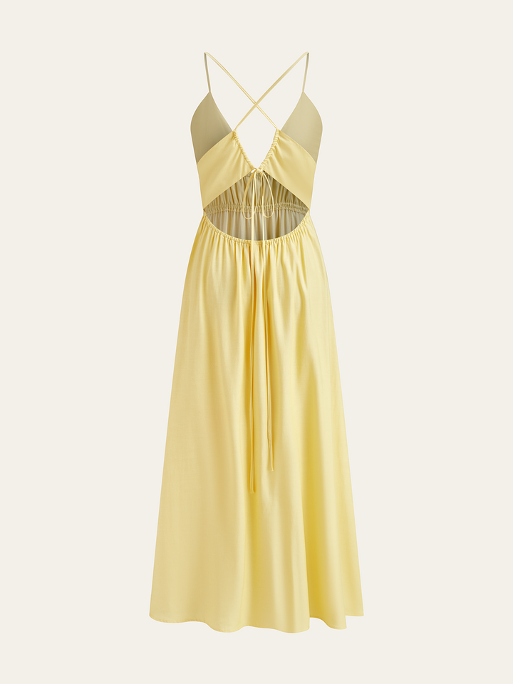 Robe Longue à Bretelles Spaghetti avec Taille Froncée et Dos Croisé