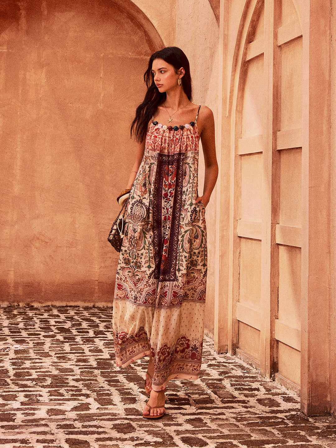 Robe Longue Imprimée Cachemire avec Perles