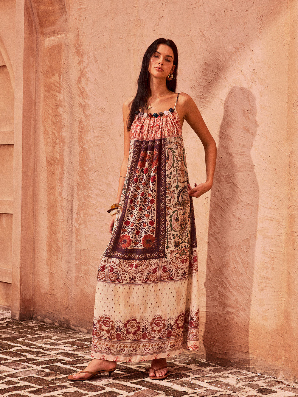 Robe Longue Imprimée Cachemire avec Perles