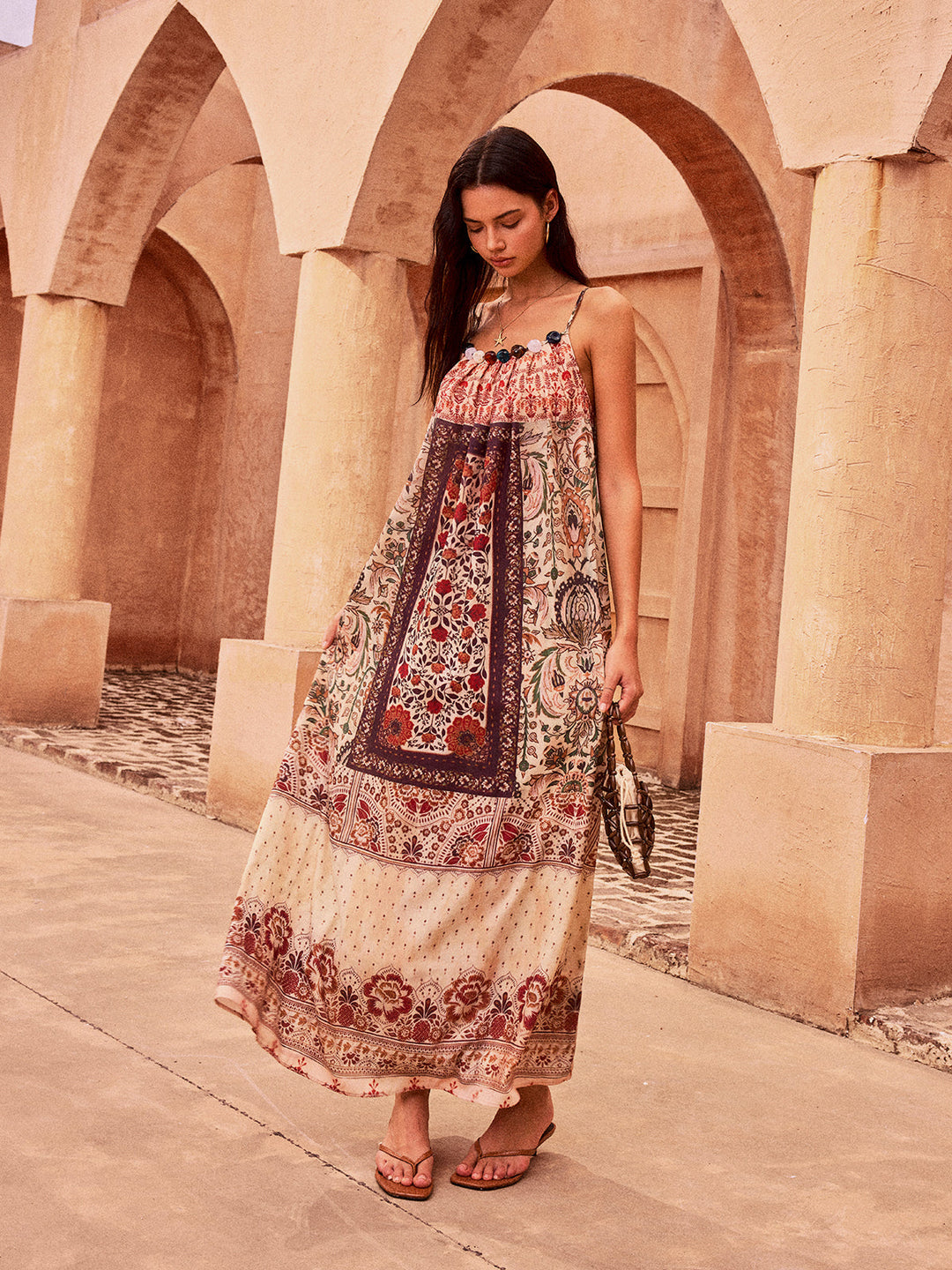Robe Longue Imprimée Cachemire avec Perles