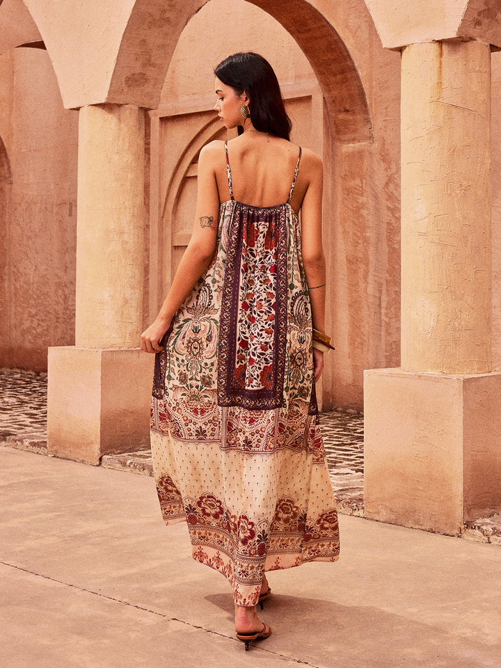 Robe Longue Imprimée Cachemire avec Perles