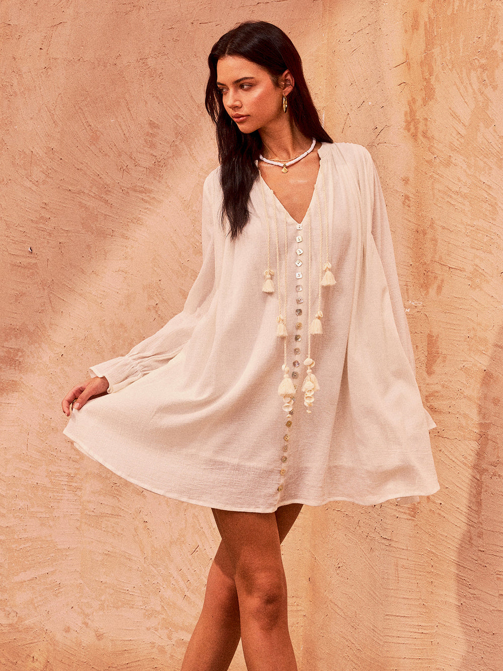 Mini Robe Boutonnée en Coton à Pompons