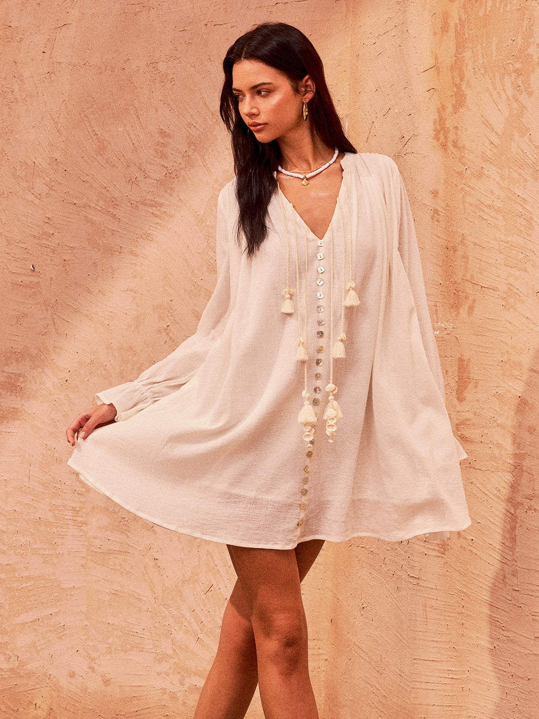 Mini Robe Boutonnée en Coton à Pompons
