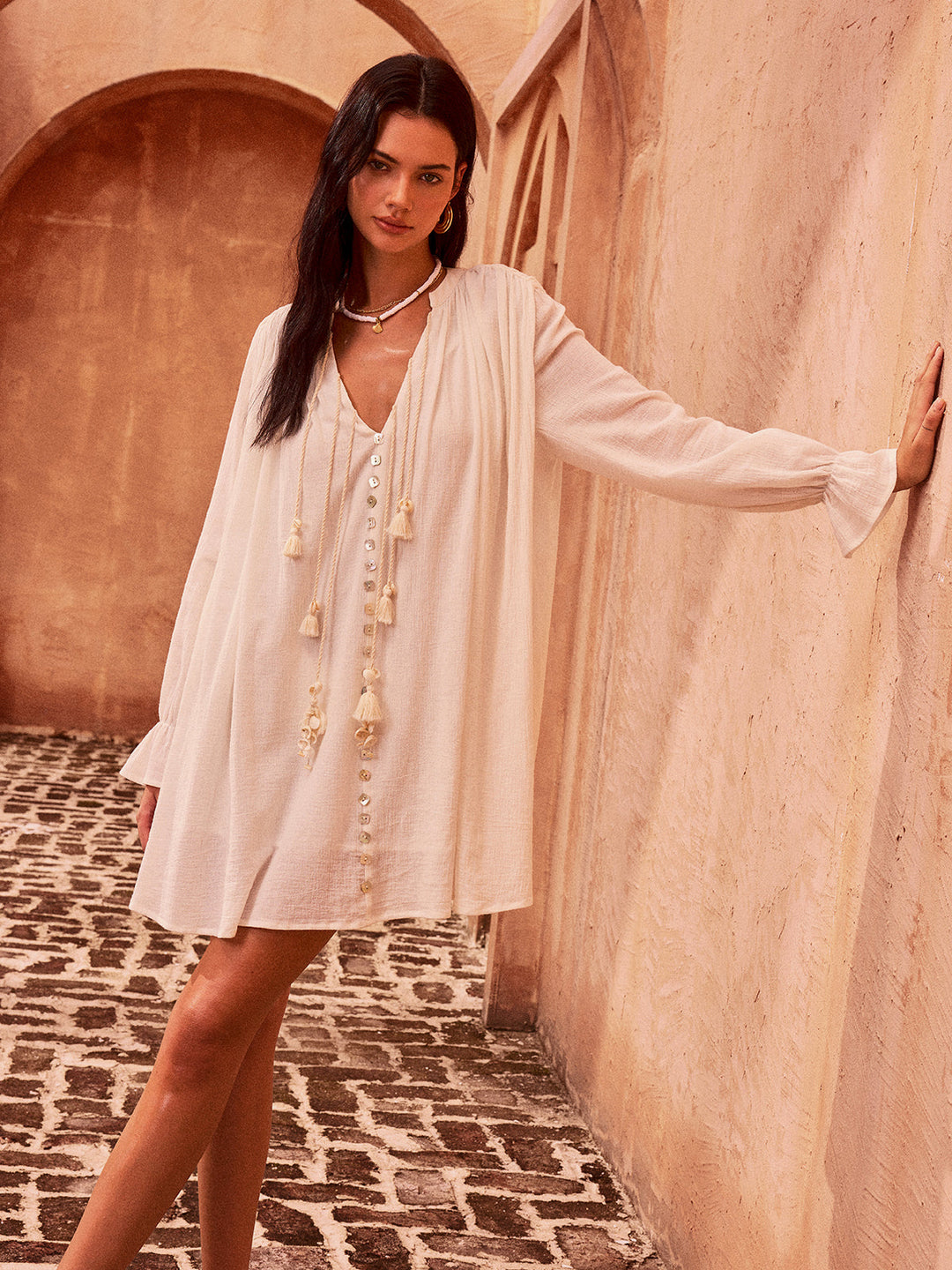 Mini Robe Boutonnée en Coton à Pompons