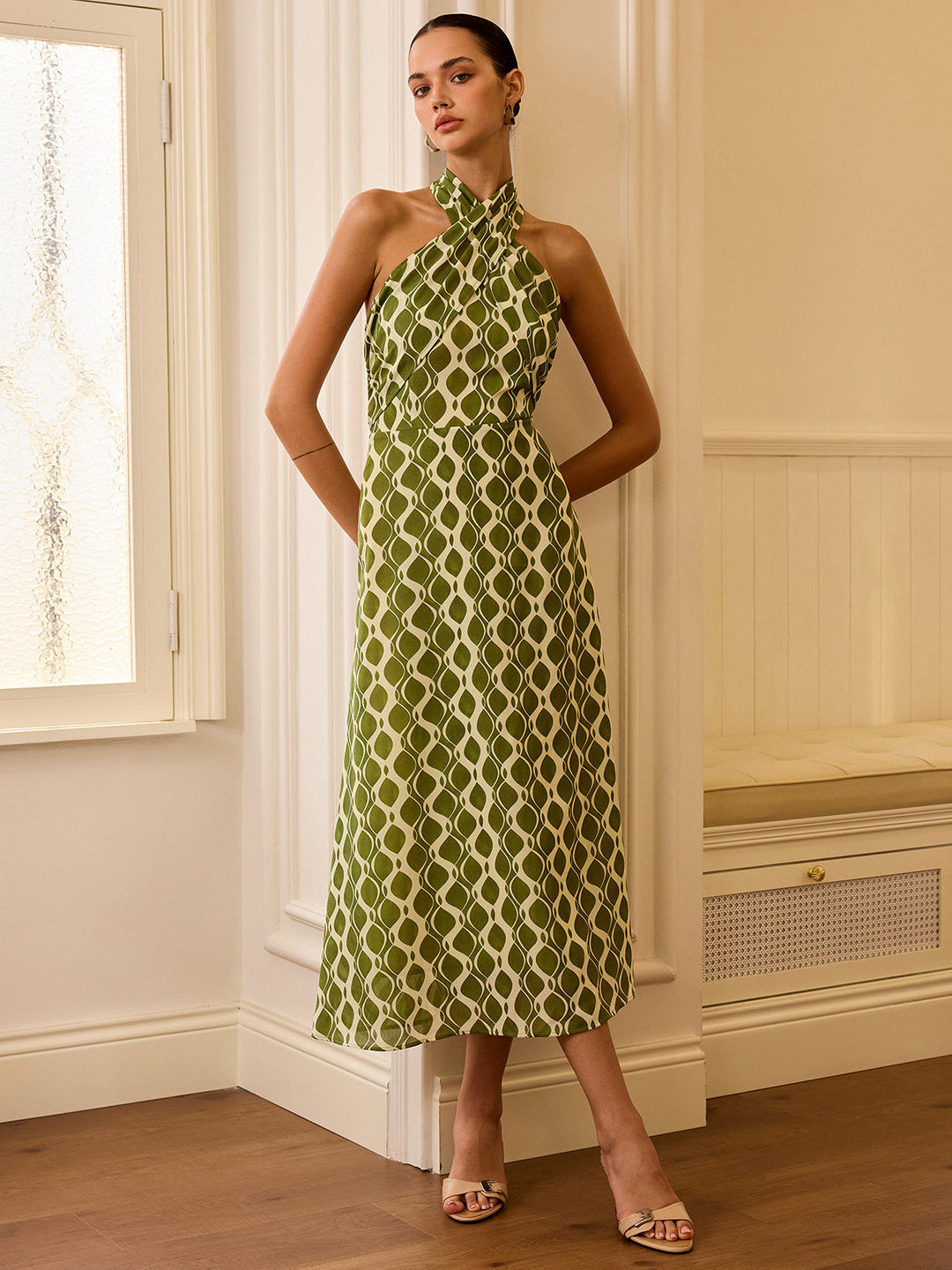 Robe Mi-longue Imprimée à Col Halter