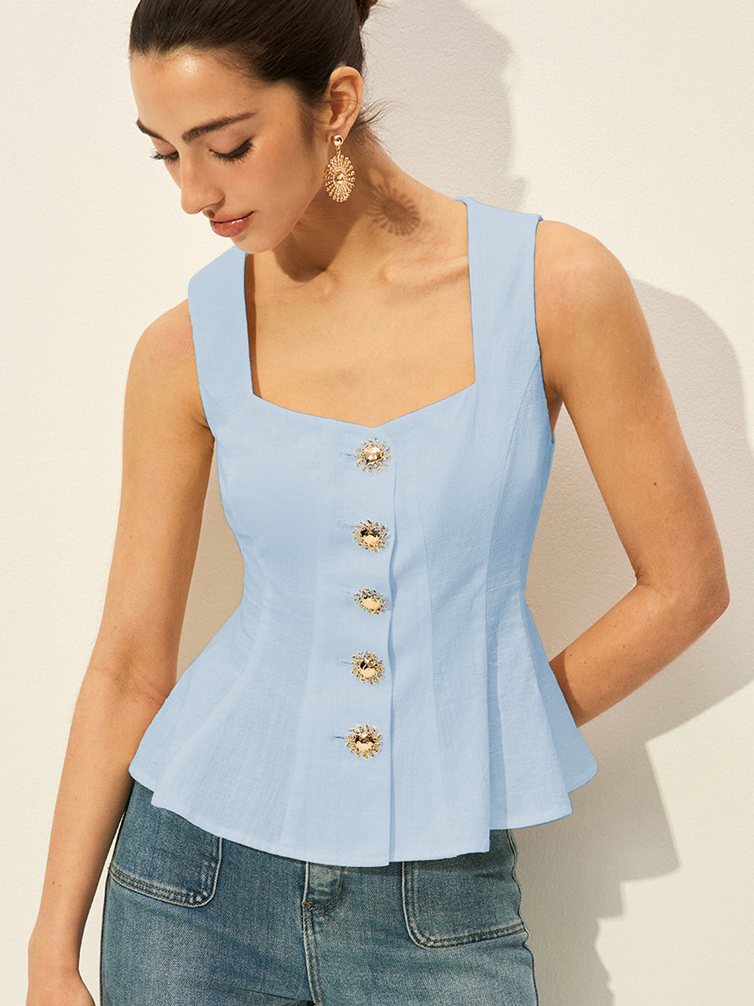 Haut Peplum à Boutons et Encolure Carrée