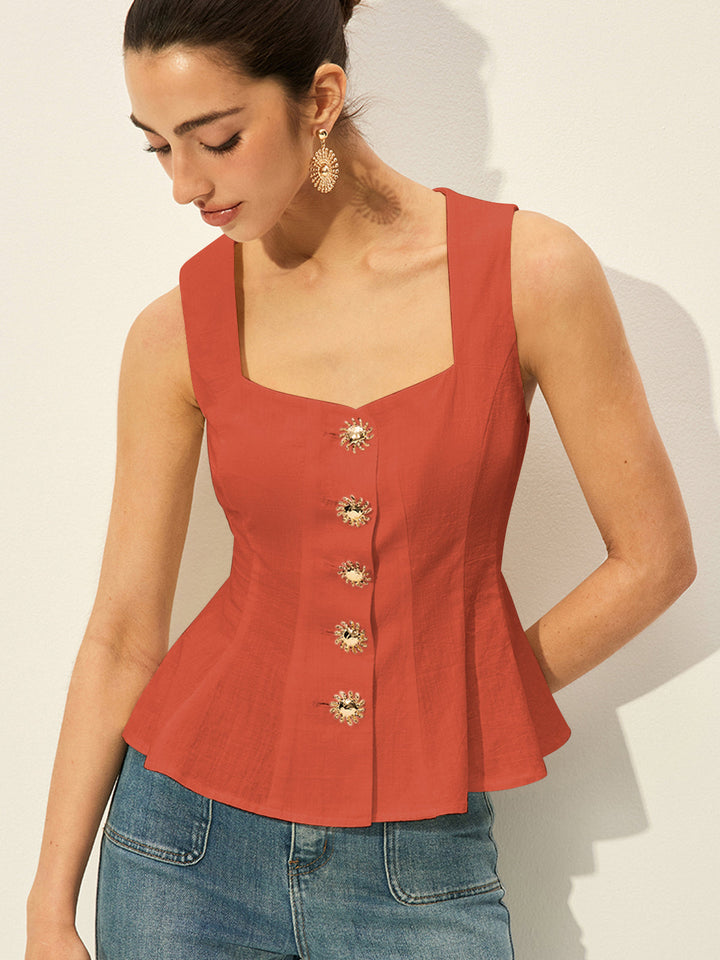 Haut Peplum à Boutons et Encolure Carrée