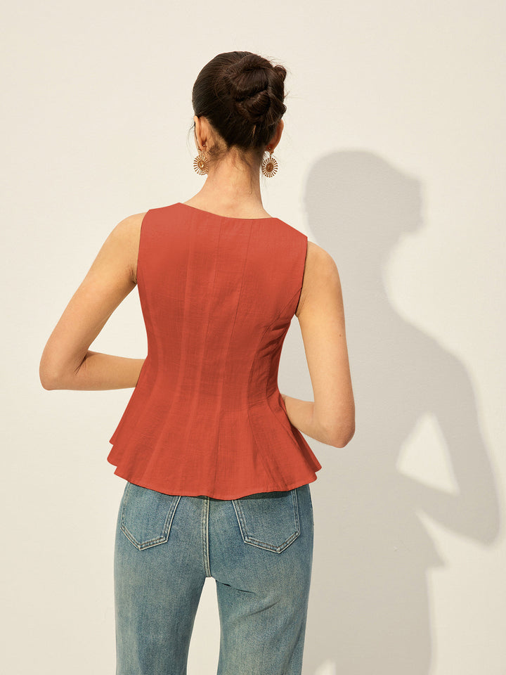 Haut Peplum à Boutons et Encolure Carrée