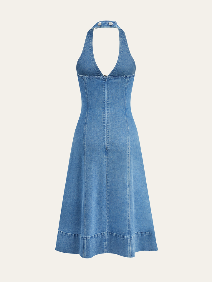 Robe en jean fendue à col bénitier semi-transparente