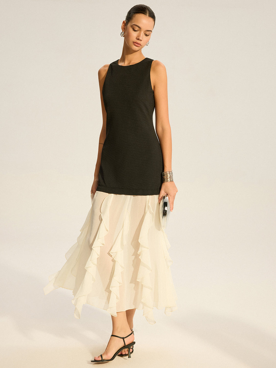 Robe Longue Semi-Transparente à Ourlet Volanté 2 en 1