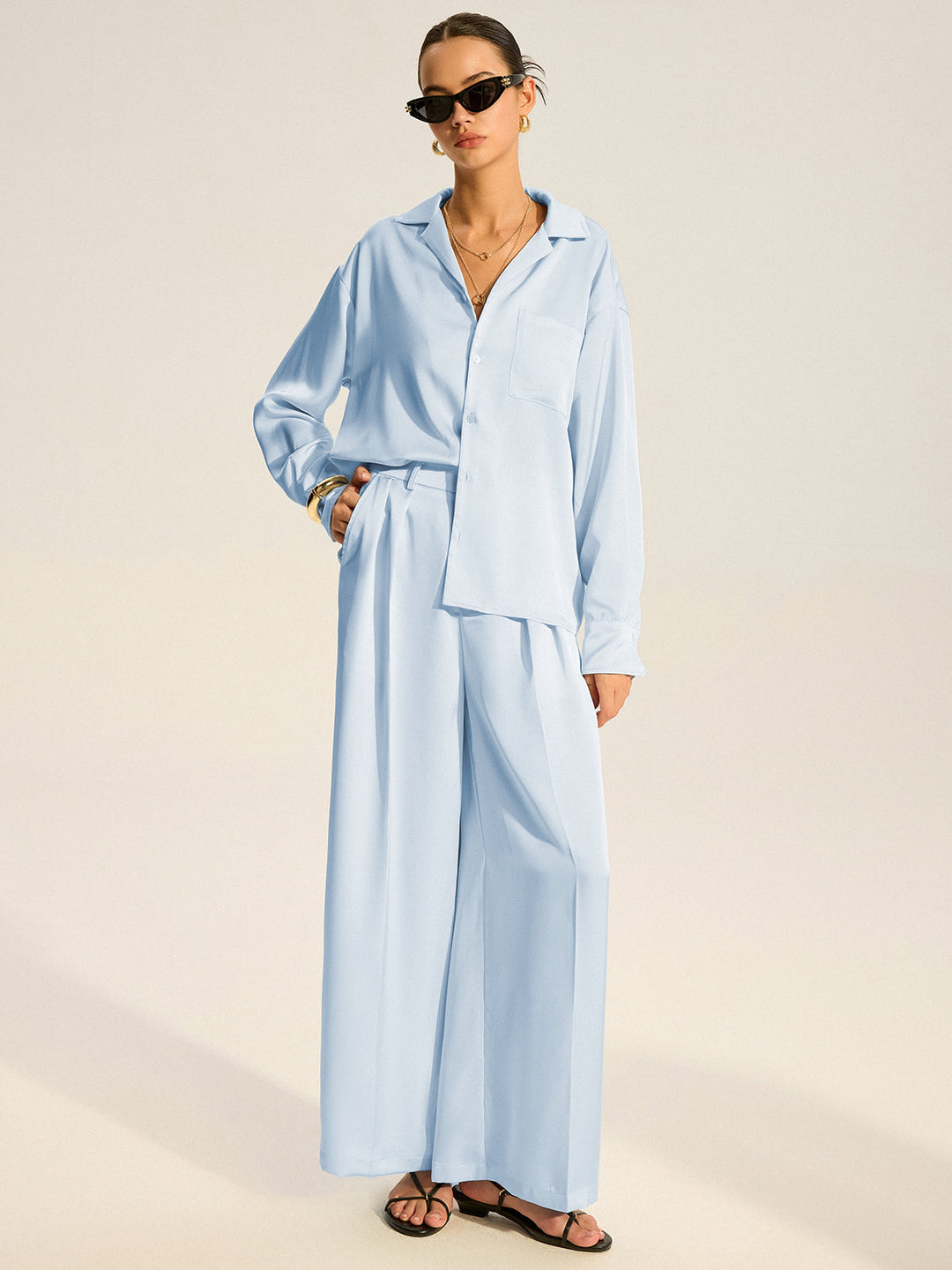 Ensemble Chemise Satinée Oversize et Pantalon Plissé