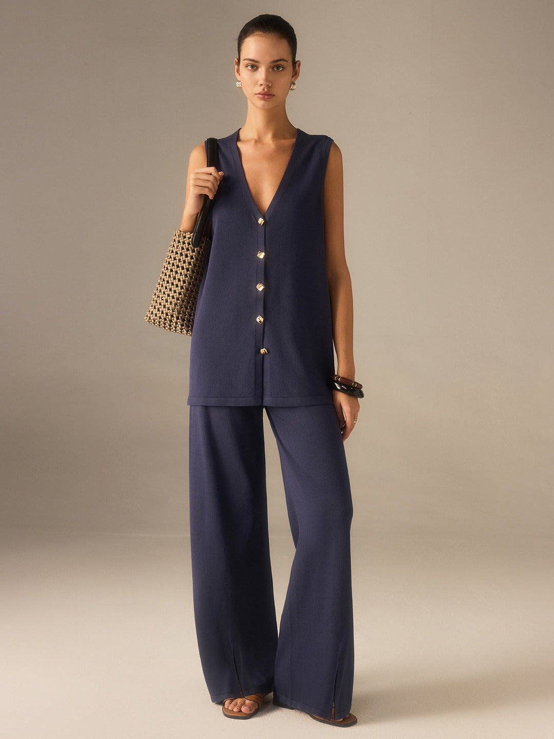 Ensemble Pantalon Gilet Tricot Bouton Doré