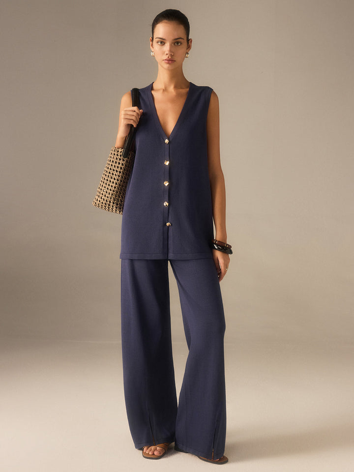 Ensemble Pantalon Gilet Tricot Bouton Doré