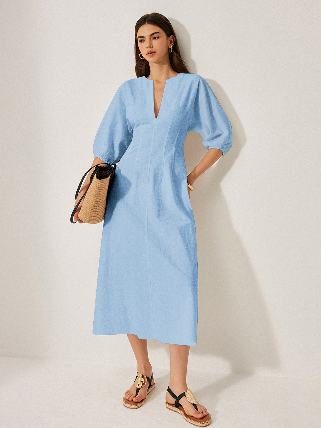 Robe Manches Bouffantes Coton & Lin Sans Ceinture