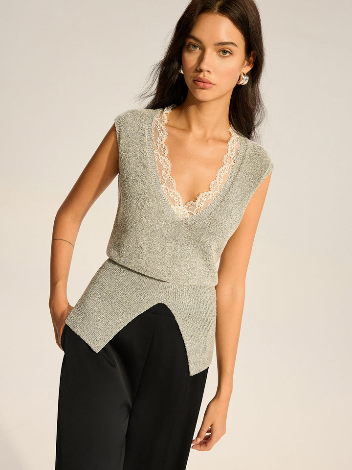 Gilet en tricot avec finition en dentelle resserrant la taille