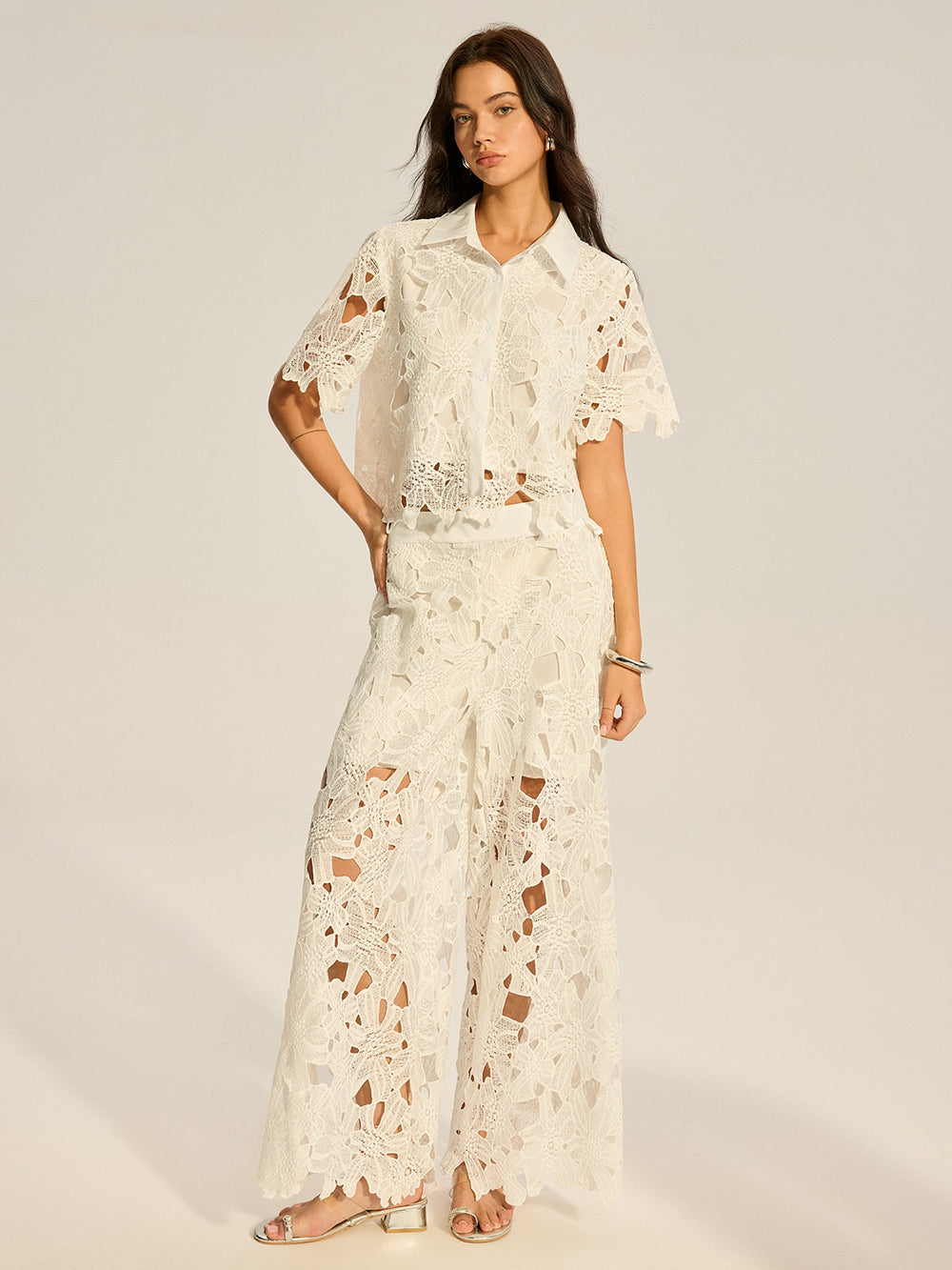 Ensemble Pantalon Large et Haut en Crochet et Dentelle