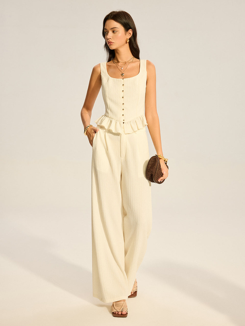 Ensemble Chemisier Péplum Texturé et Pantalon Large