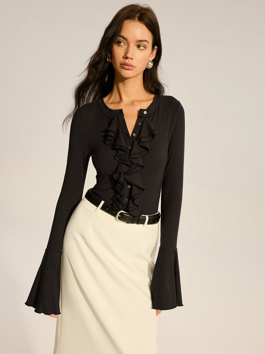 T-Shirt Boutonné à Manches Évasées et Volants