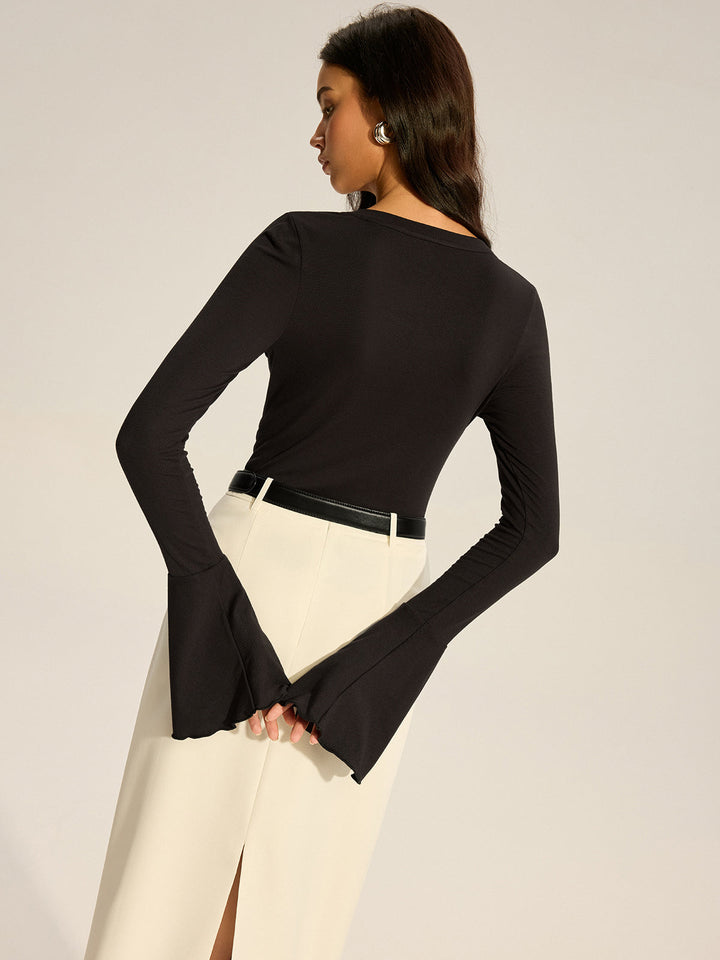 T-Shirt Boutonné à Manches Évasées et Volants