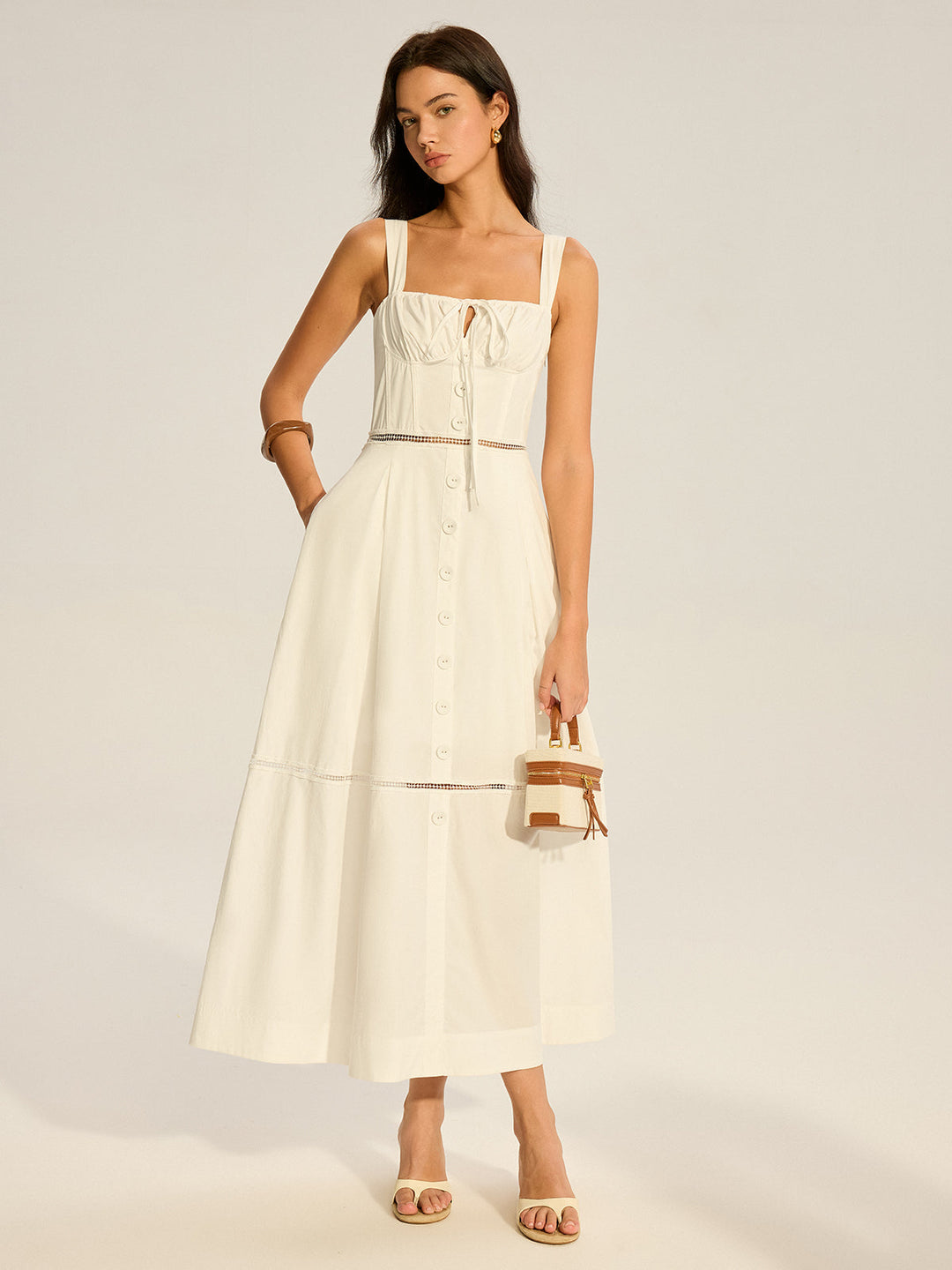 Robe Maxi en Coton avec Panneaux de Dentelle et Fermeture à Liens au Dos