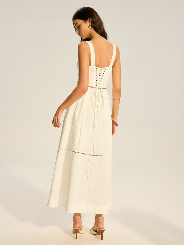 Robe Maxi en Coton avec Panneaux de Dentelle et Fermeture à Liens au Dos