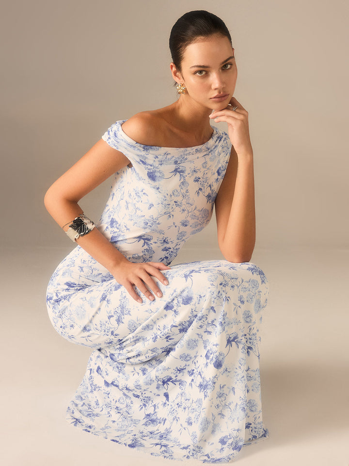 Robe Longue Asymétrique à Épaule Dégagée Florale