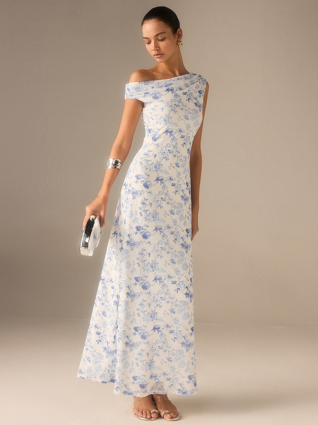 Robe Longue Asymétrique à Épaule Dégagée Florale