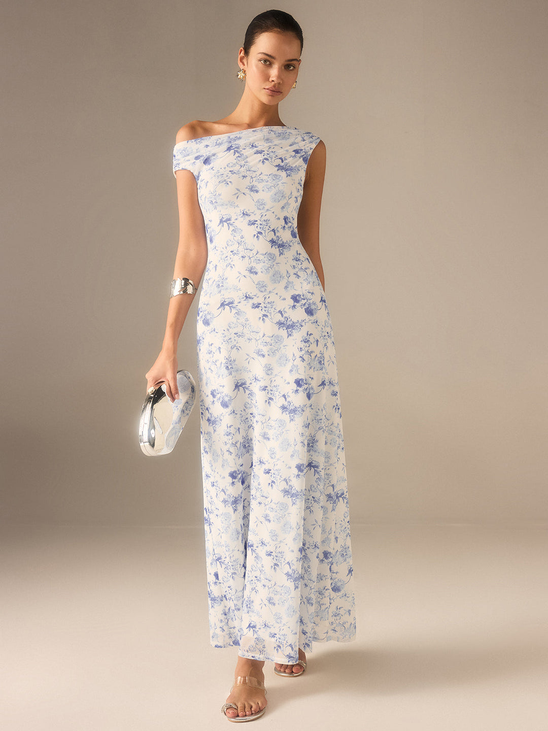 Robe Longue Asymétrique à Épaule Dégagée Florale