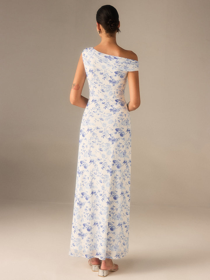 Robe Longue Asymétrique à Épaule Dégagée Florale
