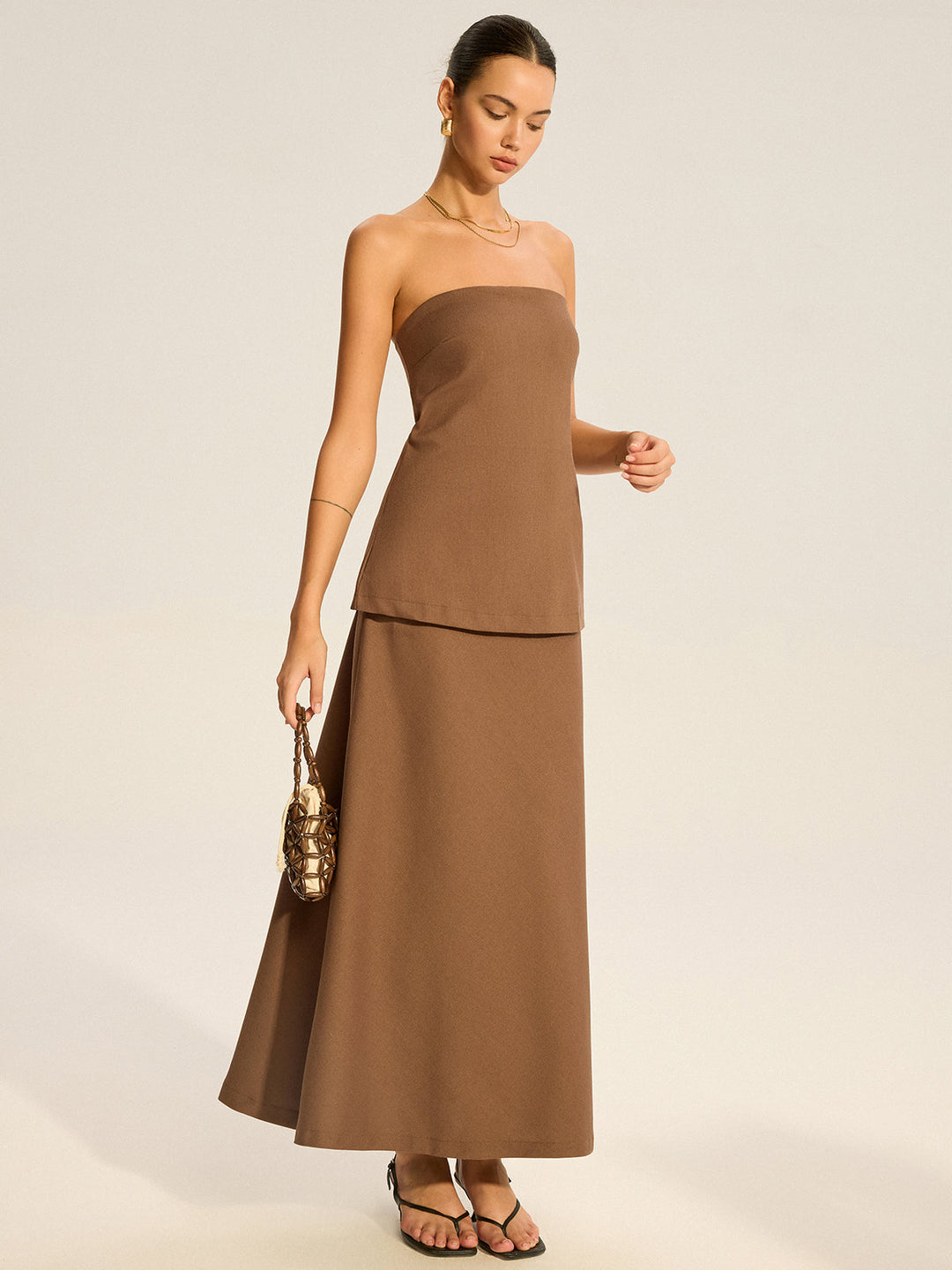 Robe Longue Sans Bretelles à Superpositions