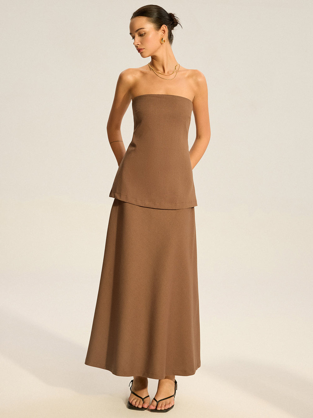 Robe Longue Sans Bretelles à Superpositions