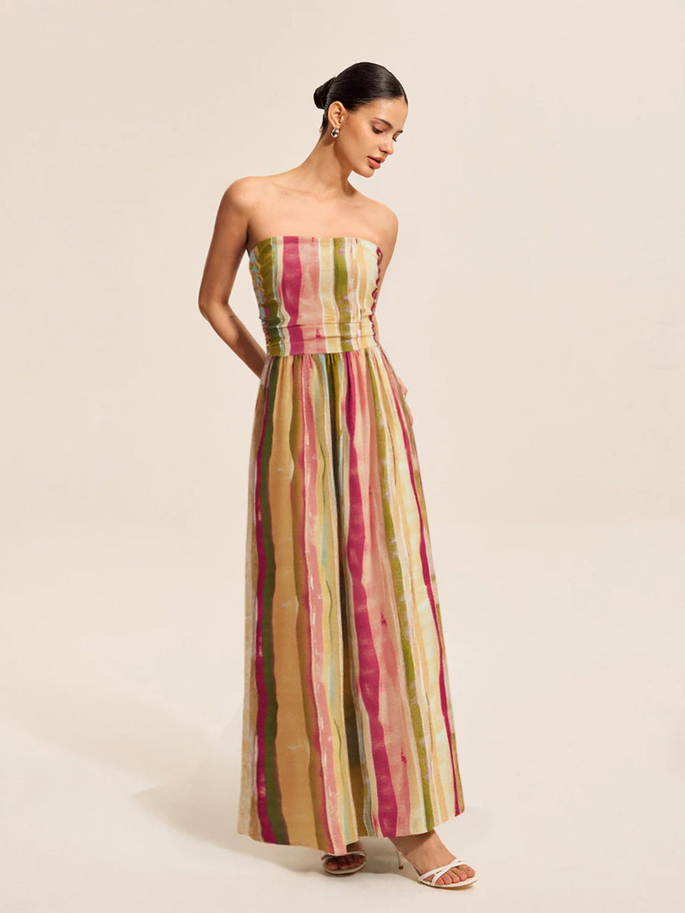 Robe Longue Sans Bretelles en Coton Rayé Coloré