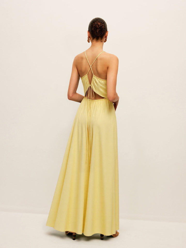 Robe Longue à Bretelles Spaghetti avec Taille Froncée et Dos Croisé
