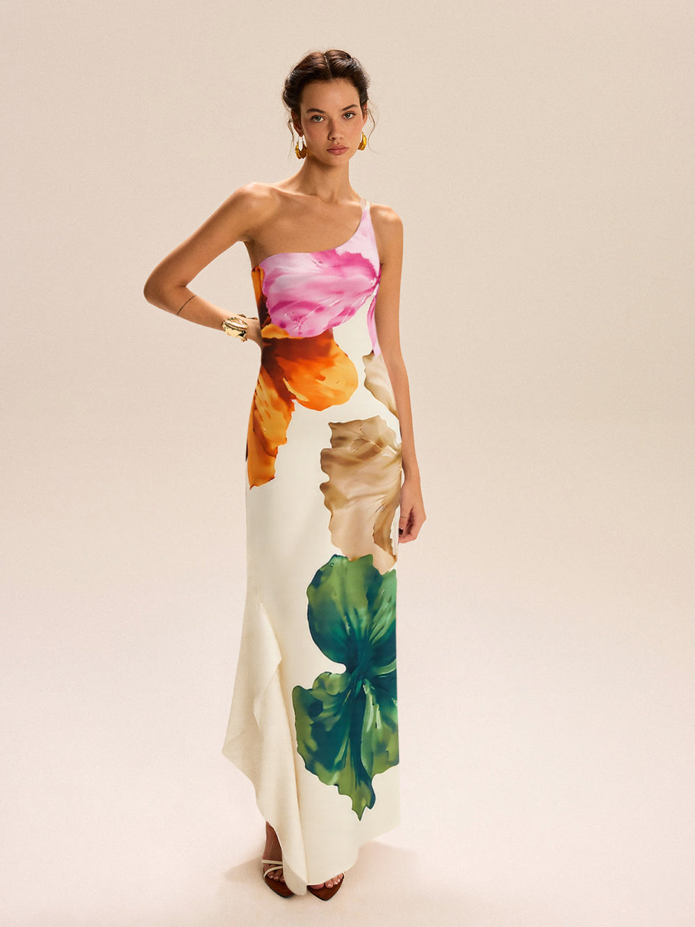 Robe Longue Asymétrique à Imprimé Floral et Une Épaule