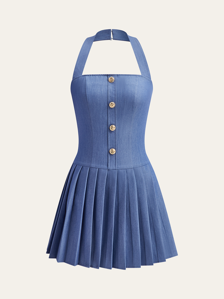 Robe Patineuse à Col Bardot Plissée en Métal