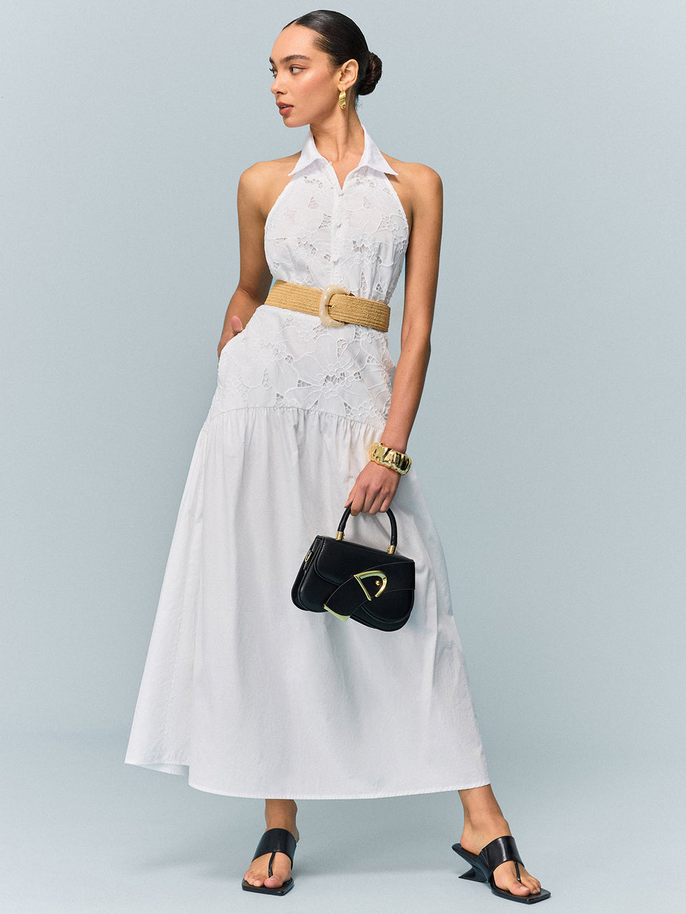 Robe à encolure dégagée à poches avec broderie et sans ceinture
