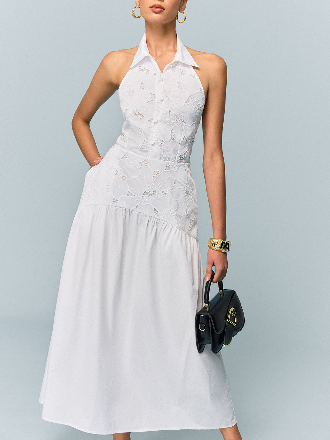 Robe à encolure dégagée à poches avec broderie et sans ceinture