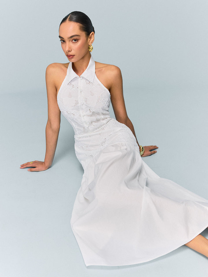 Robe à encolure dégagée à poches avec broderie et sans ceinture