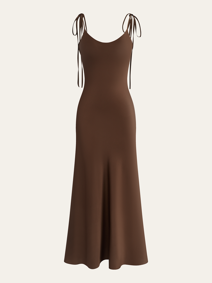 Robe Maxi en Satin à Bretelles avec Dos Noué