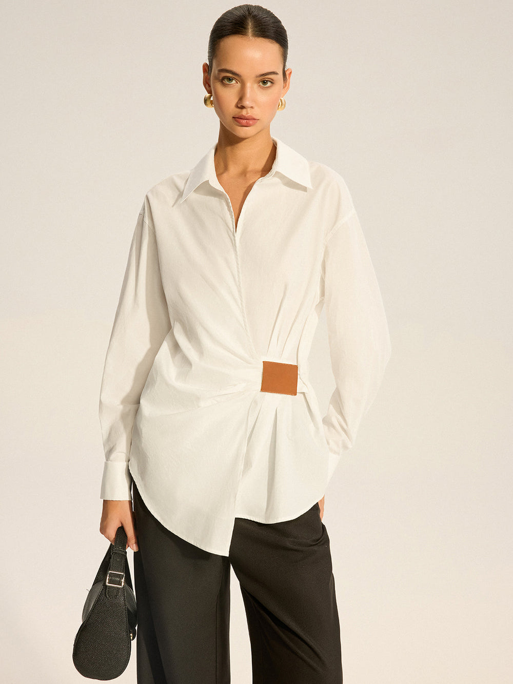 Chemise Froncée en Coton avec Détail en Similicuir