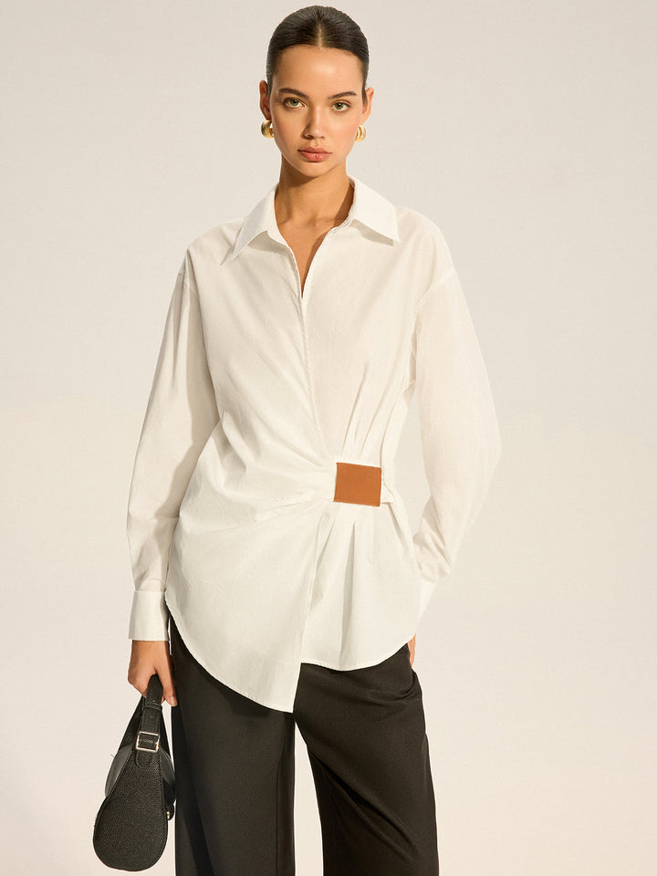 Chemise Froncée en Coton avec Détail en Similicuir