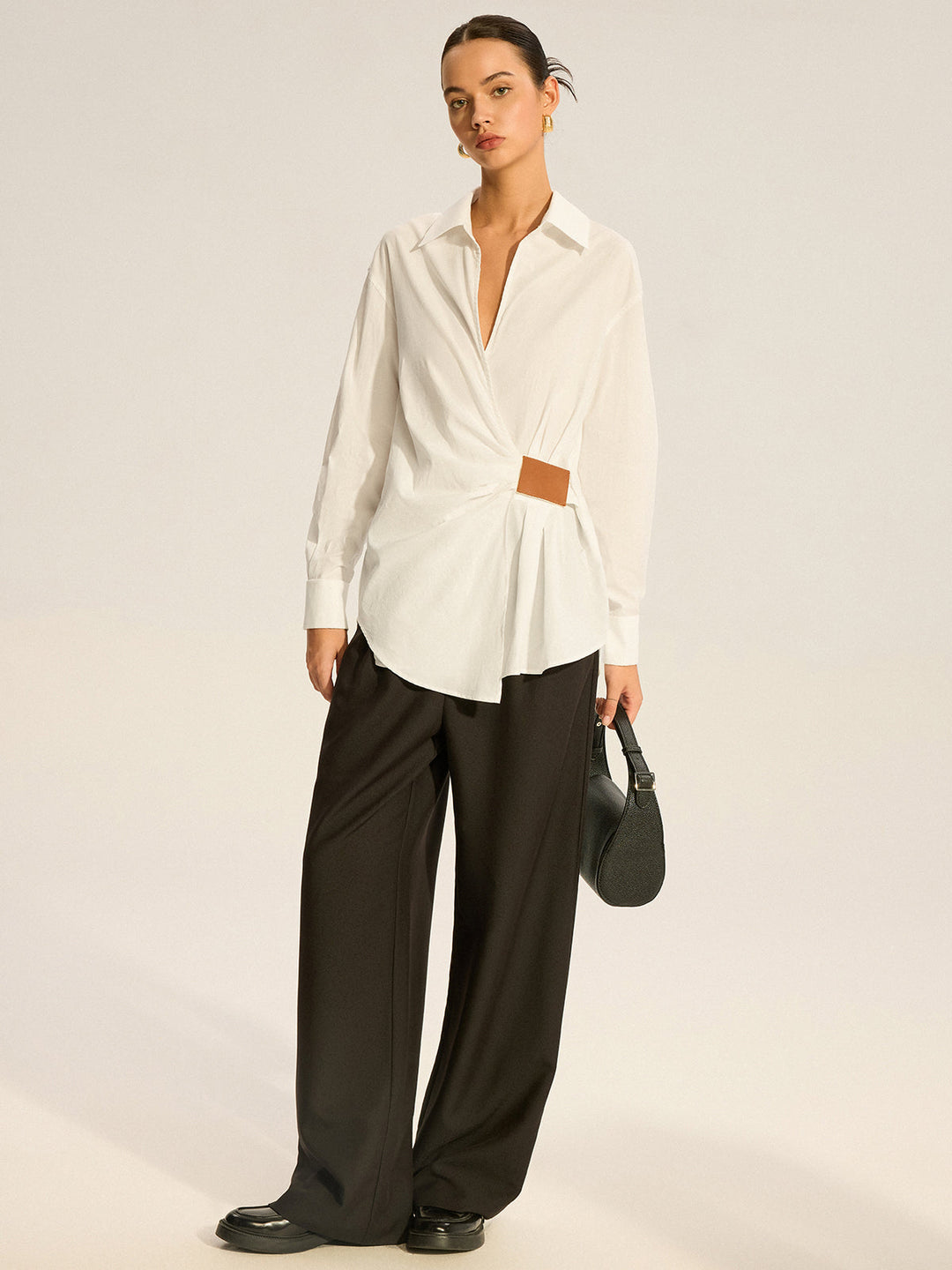 Chemise Froncée en Coton avec Détail en Similicuir
