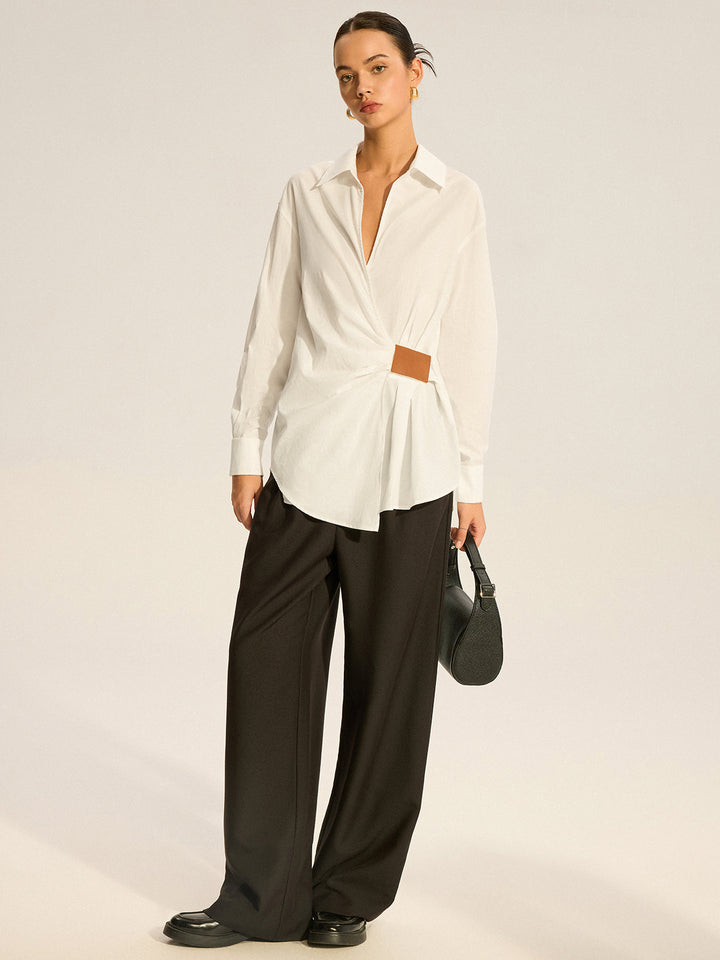 Chemise Froncée en Coton avec Détail en Similicuir