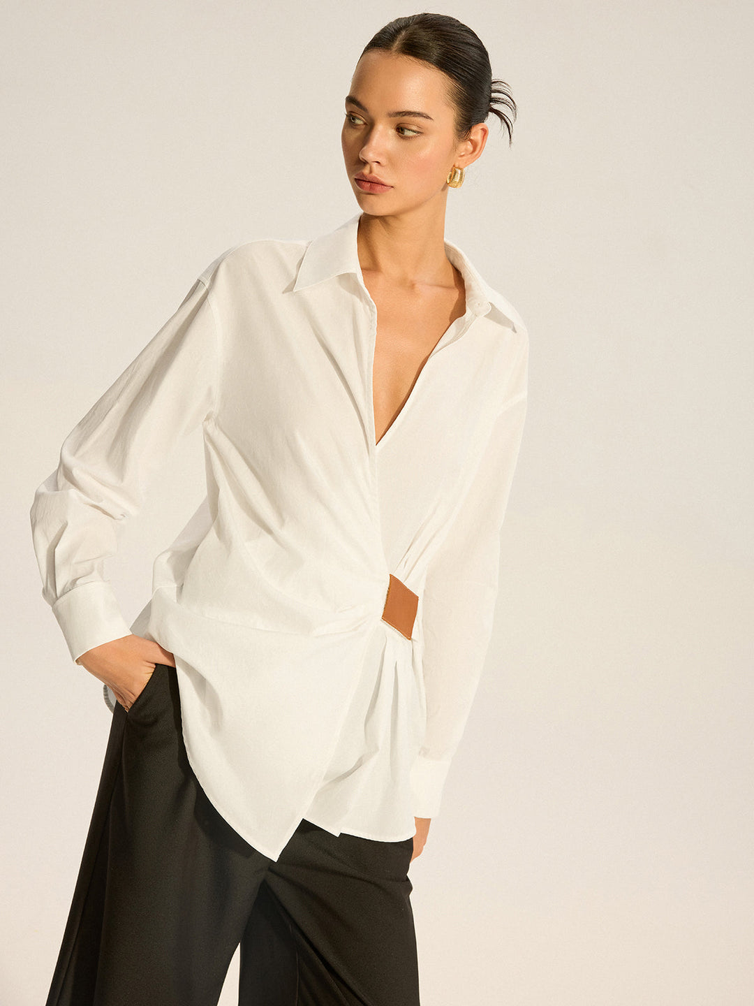 Chemise Froncée en Coton avec Détail en Similicuir