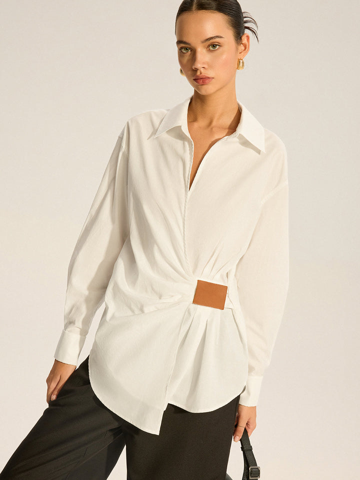 Chemise Froncée en Coton avec Détail en Similicuir