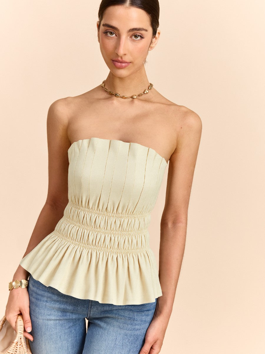 Top Bardot Volants Froncé en Coton et Lin
