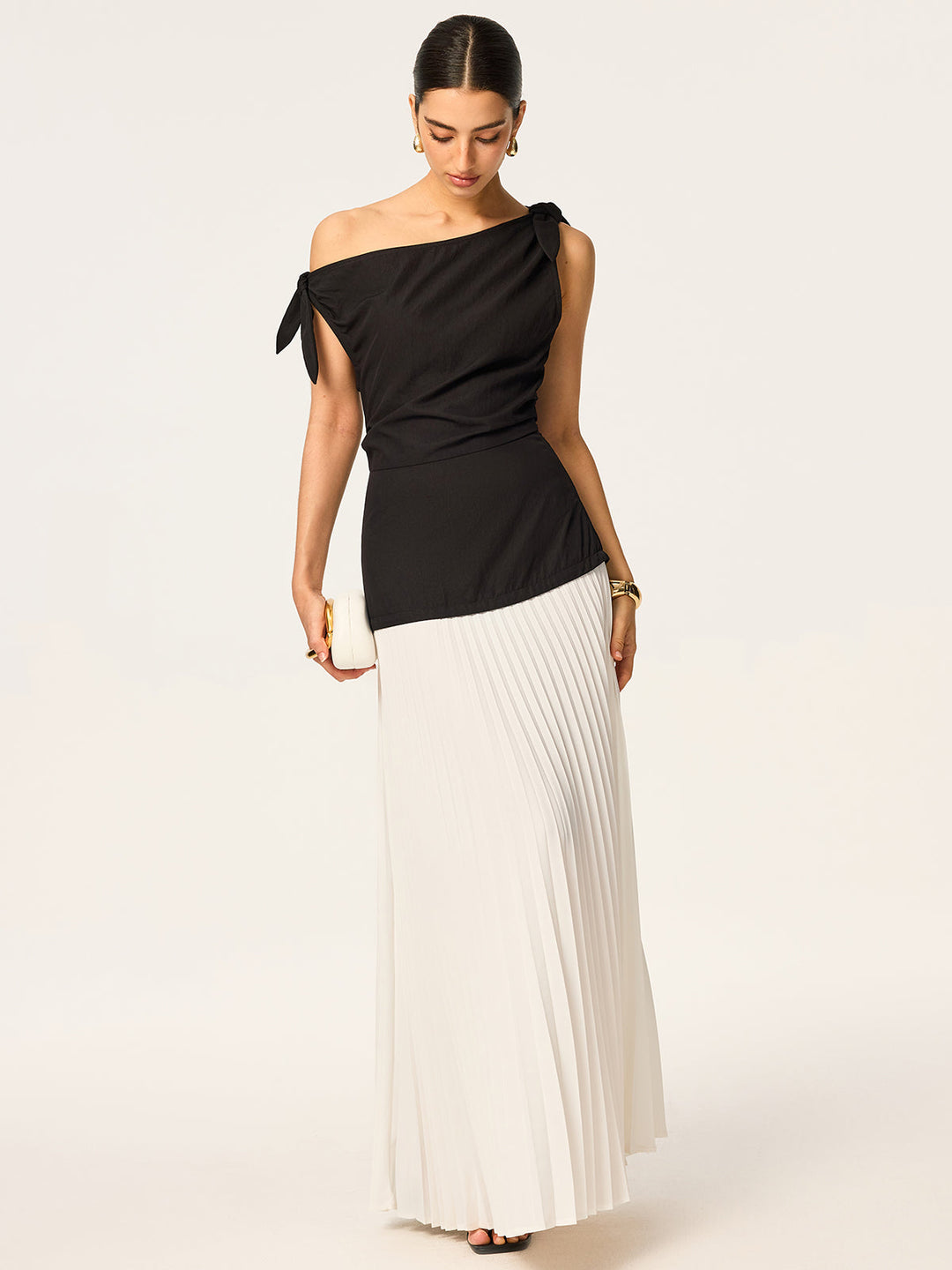 Robe Longue Asymétrique Plissée avec Détail Nœud