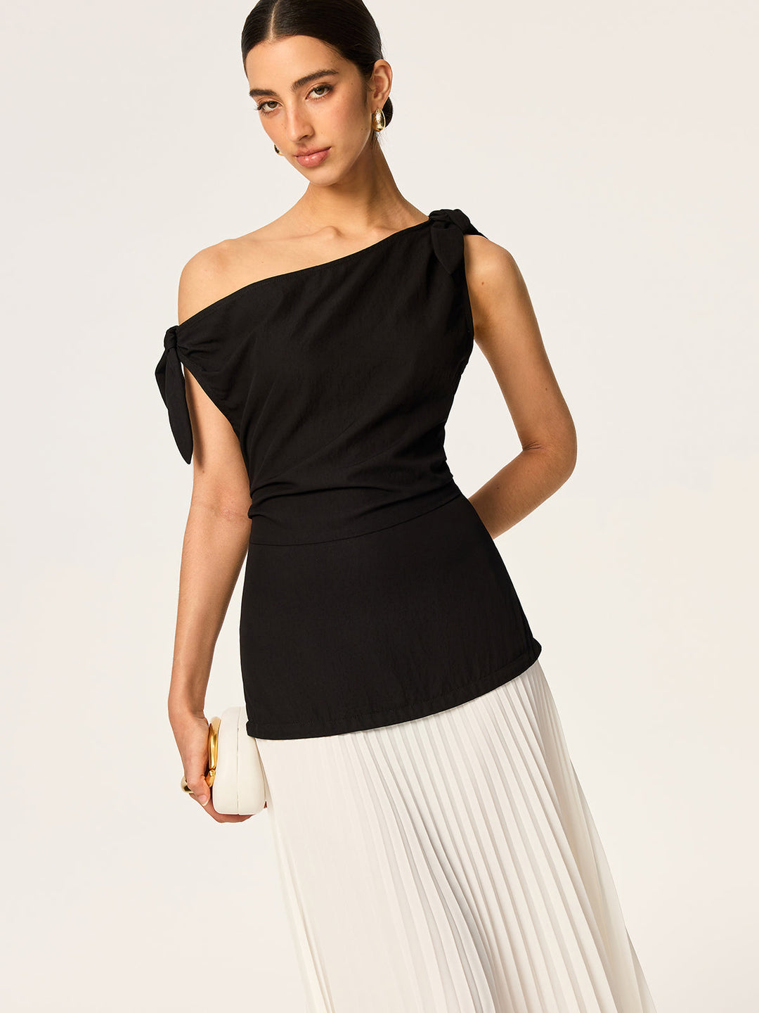 Robe Longue Asymétrique Plissée avec Détail Nœud