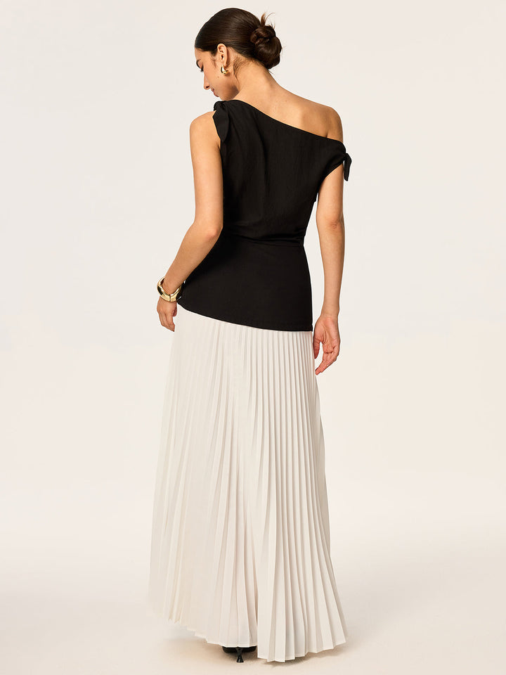 Robe Longue Asymétrique Plissée avec Détail Nœud